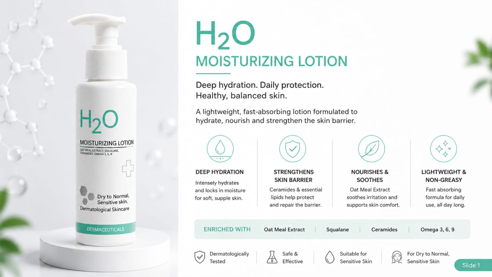 H2O Multi-Action Moisturizing Lotion Oatmeal Extract, Squalane, Ceramides & Omega 3-6-9 for Dry to Normal Sensitive Skin – 100ml