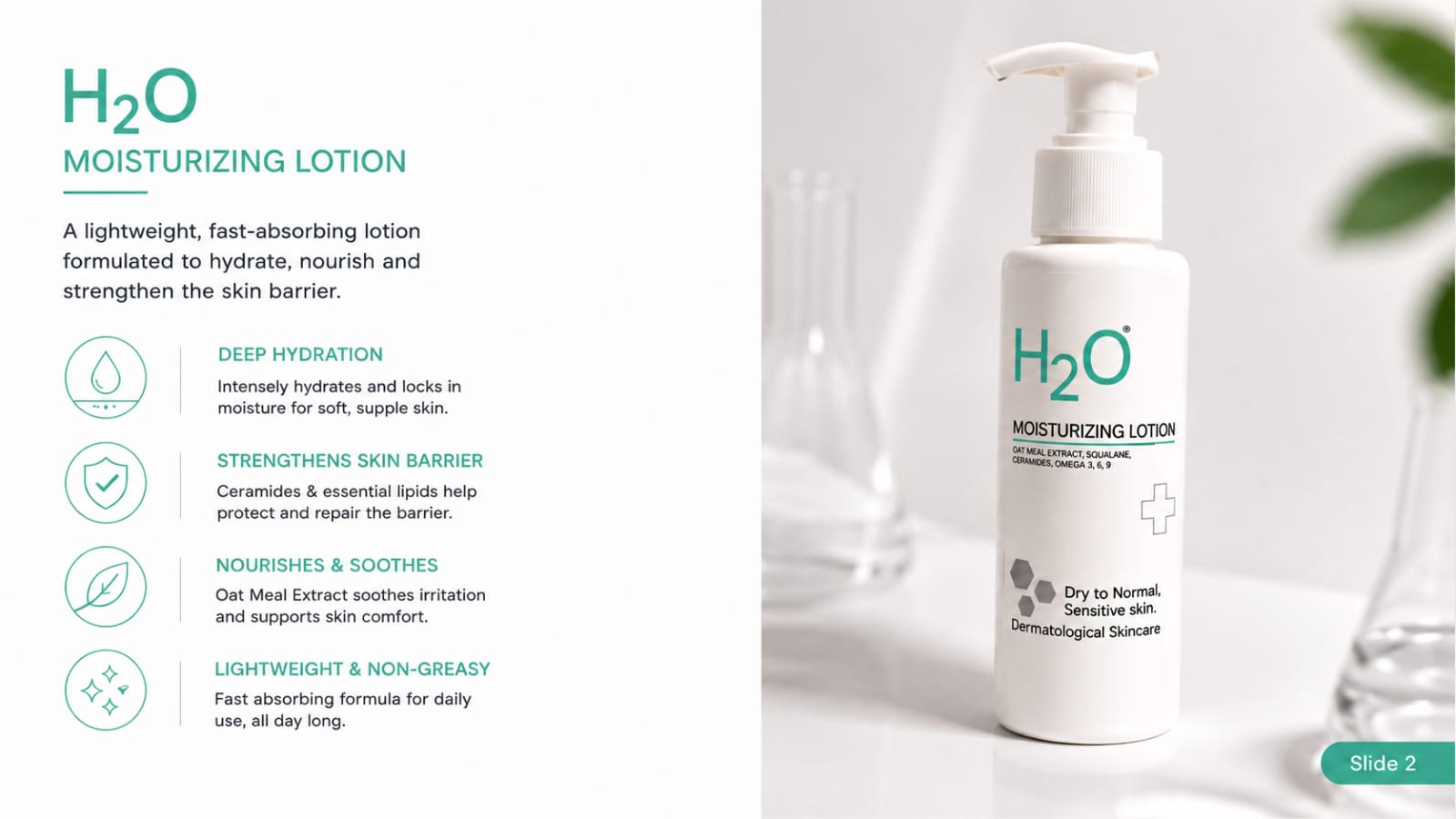 H2O Multi-Action Moisturizing Lotion Oatmeal Extract, Squalane, Ceramides & Omega 3-6-9 for Dry to Normal Sensitive Skin – 100ml
