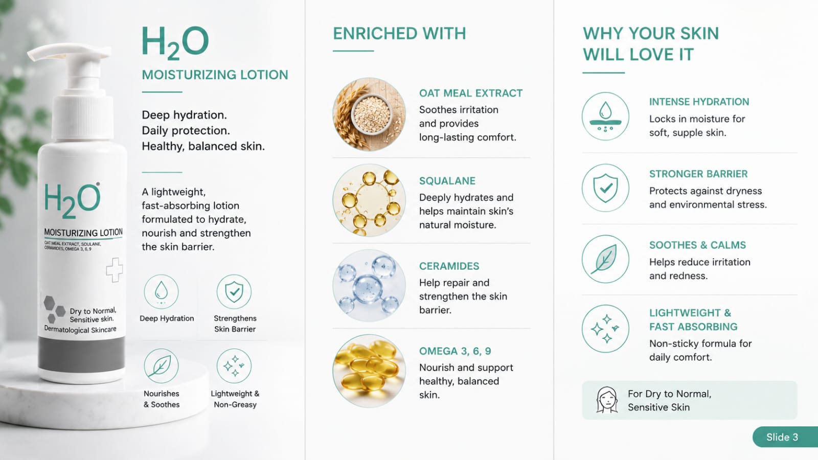 H2O Multi-Action Moisturizing Lotion Oatmeal Extract, Squalane, Ceramides & Omega 3-6-9 for Dry to Normal Sensitive Skin – 100ml