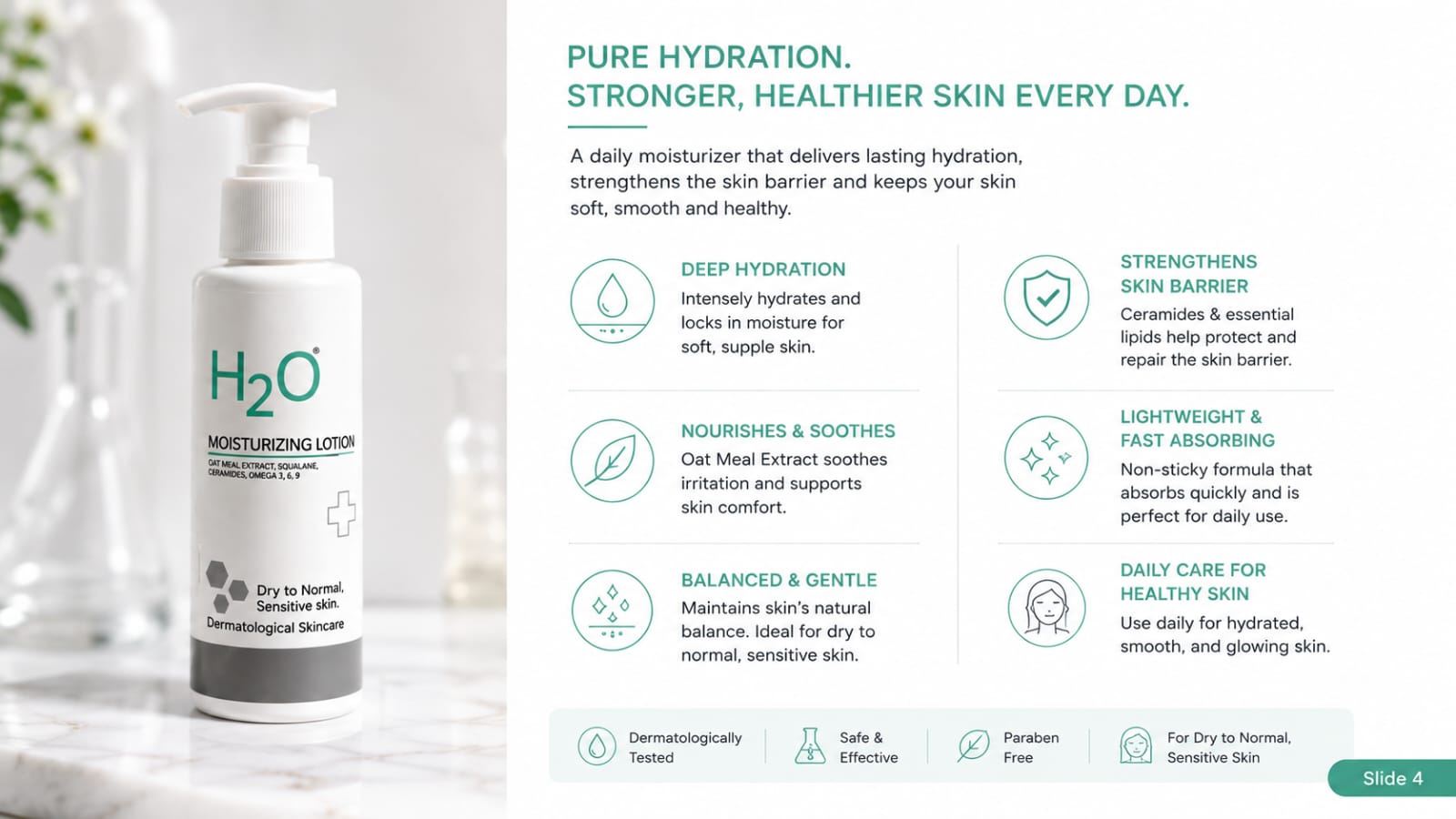 H2O Multi-Action Moisturizing Lotion Oatmeal Extract, Squalane, Ceramides & Omega 3-6-9 for Dry to Normal Sensitive Skin – 100ml